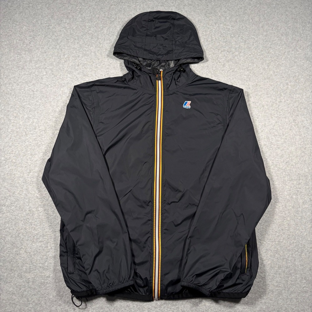 K-Way Windbreaker Jacket Mens Large Black Full Zip Hooded Rain Coat Ripstop